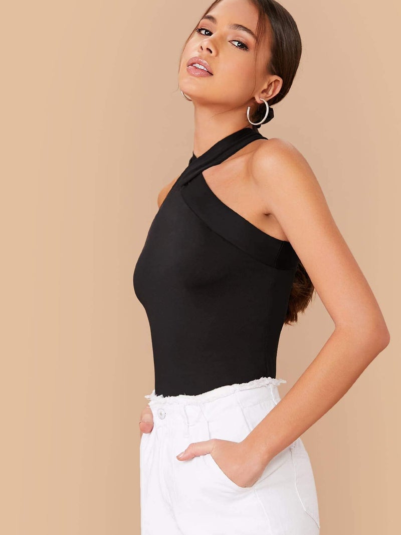 Floerns Women's Solid Criss Cross Halter Top Sleeveless Tee Shirt A Black L - Image 3
